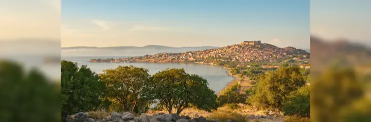 Panorama view of the village Molivos in evening light, Lesvos, Greece, Europe
