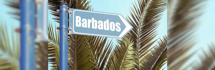 A blue sign amongst palm trees reading 'Barbados'