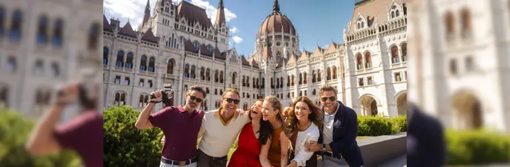 A group smiling and laughing on a sunny day in Budapest