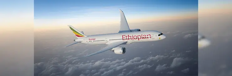 An Ethiopian Airlines plane in the sky.