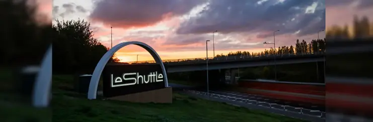 LeShuttle sign at sunset 