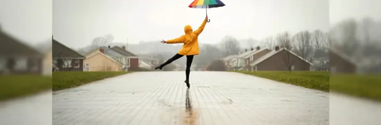 A woman dancing in a yellow jacket with a rainbow umbrella in the rain.