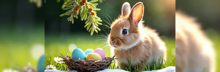 A bunny with a nest of multi-coloured eggs