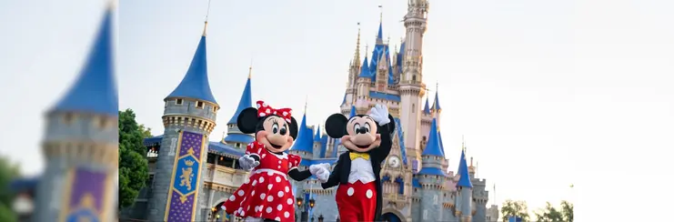 Mickey and Minnie Mouse outside the Disney Castle 