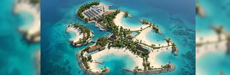 An aerial render of MSC's new island, Sandy Cay
