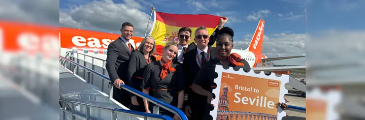 An easyJet flight crew celebrating the new route