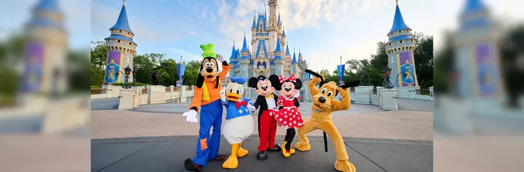 Disney characters outside Cinderella's castle