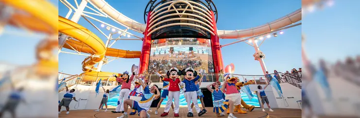 Disney Cruise sail away party with mickey mouse characters around deck waterslides