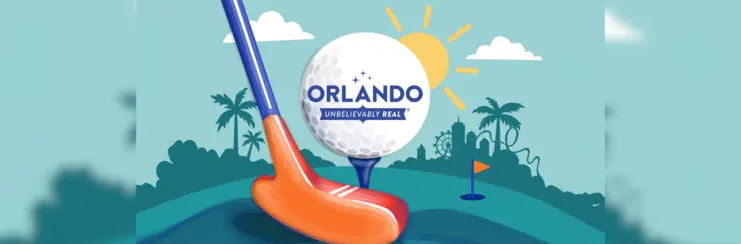 Visit Orlando activation graphic showing a golf ball with Orlando skyline in background