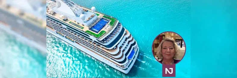 Aerial shot of a cruise ship overlaid with headshot of Gaynor Speakman and Not Just Travel logo.