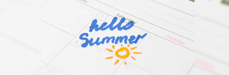 A calendar with 'Hello Summer' written on the first Saturday of the month.