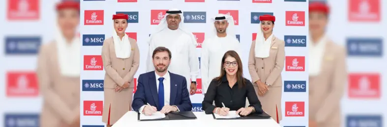 Representatives from MSC Cruises and Emirates at the signing of the partnership extension at Arabian Travel Market 2024.