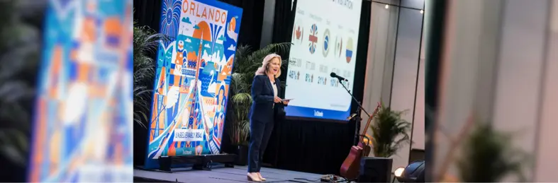 Casandra Matej, President & CEO of Visit Orlando, on stage at IPW 2024.