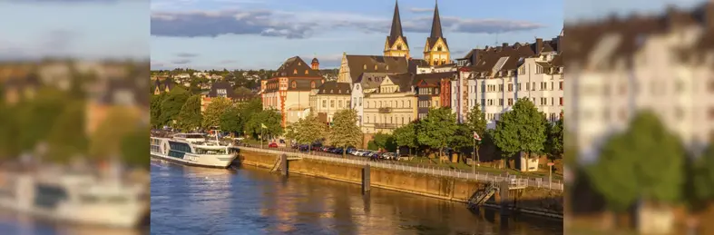 River cruise vessel docked on the Rhine in Cologne, Germany.