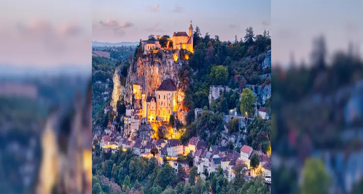 An aerial shot of the hillside image of Rocamadour, France.