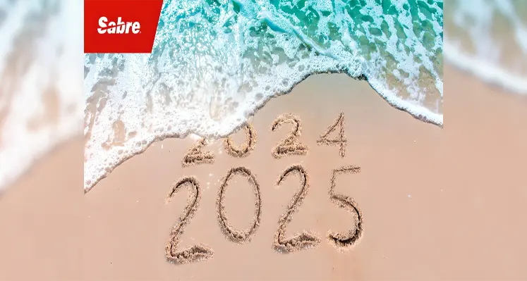 A wave coming in over a sand drawing of 2024 and 2025, with the Sabre logo in the top left corner.